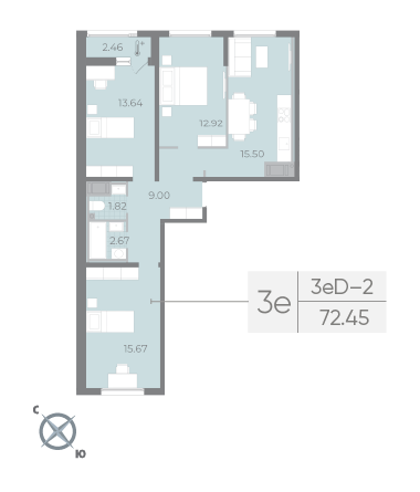 2 комн. квартира, 72.6 м², 17 этаж 