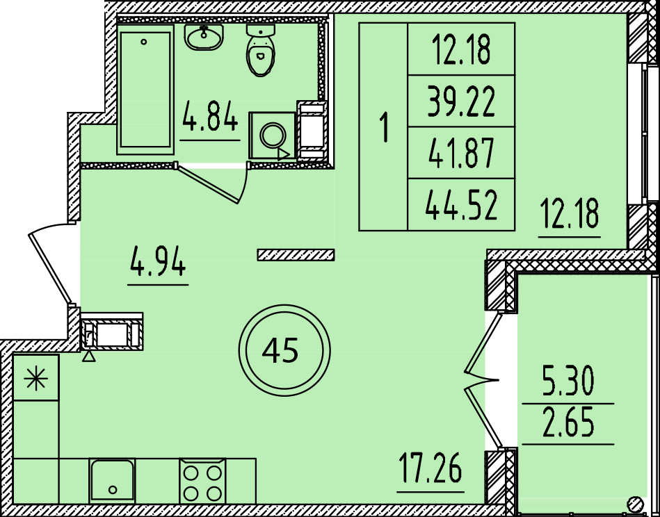 1 комн. квартира, 39.2 м², 2 этаж 
