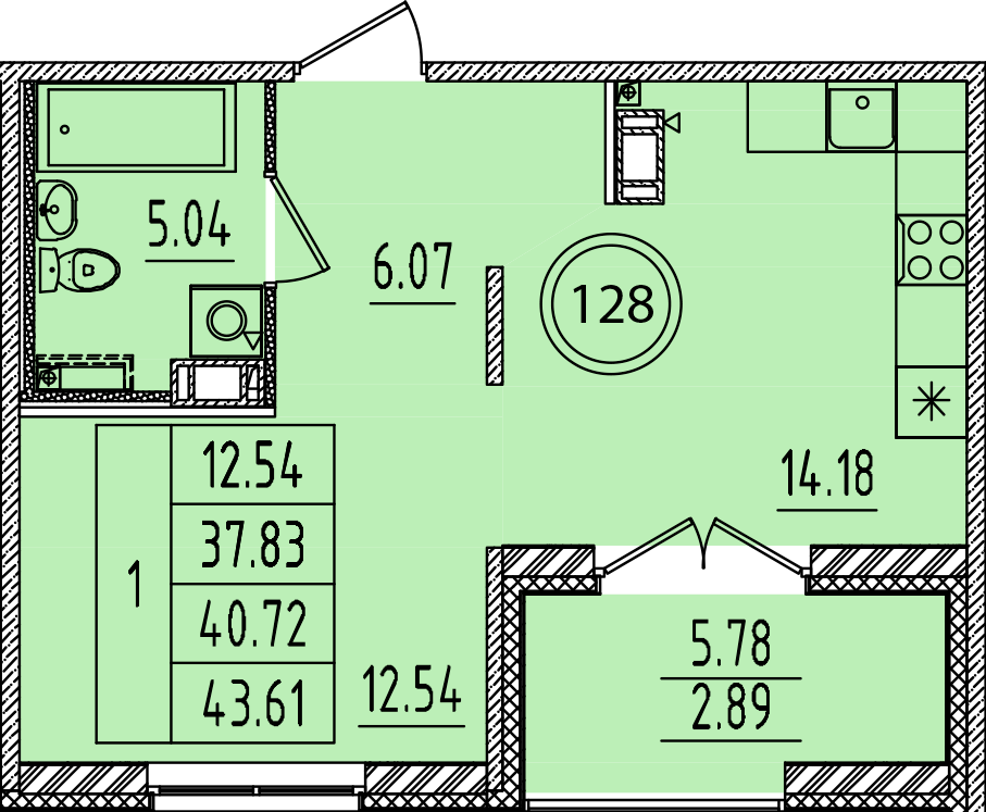 1 комн. квартира, 37.8 м², 3 этаж 