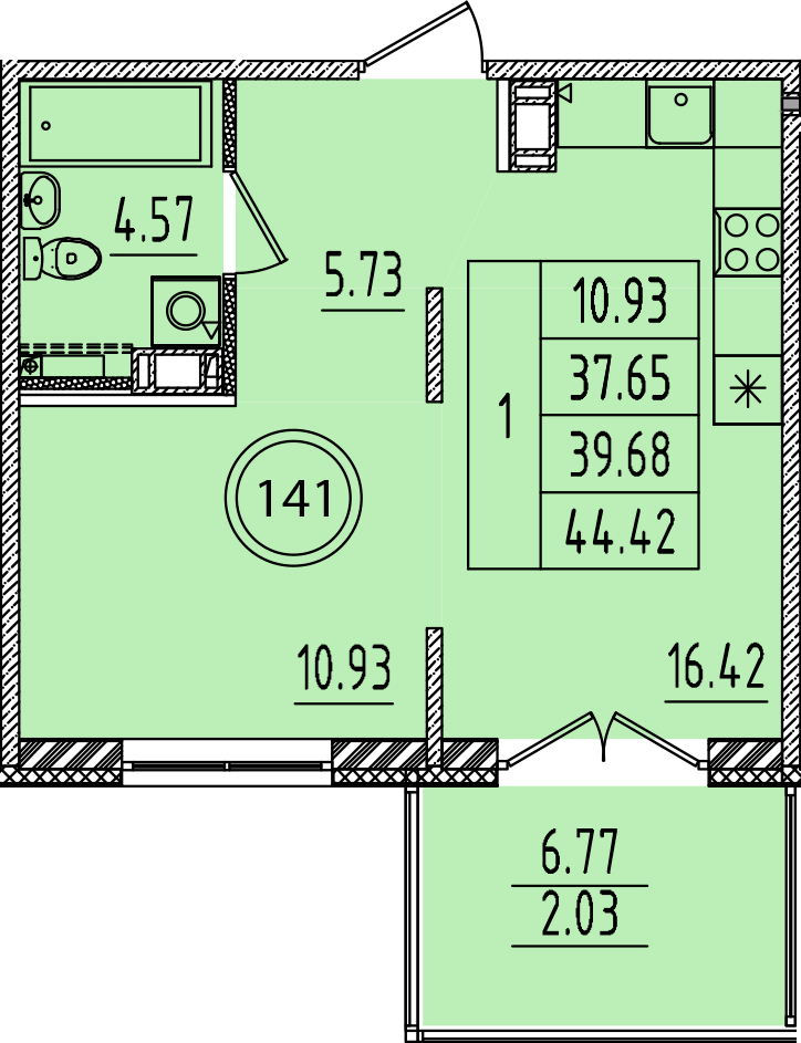 1 комн. квартира, 37.6 м², 4 этаж 