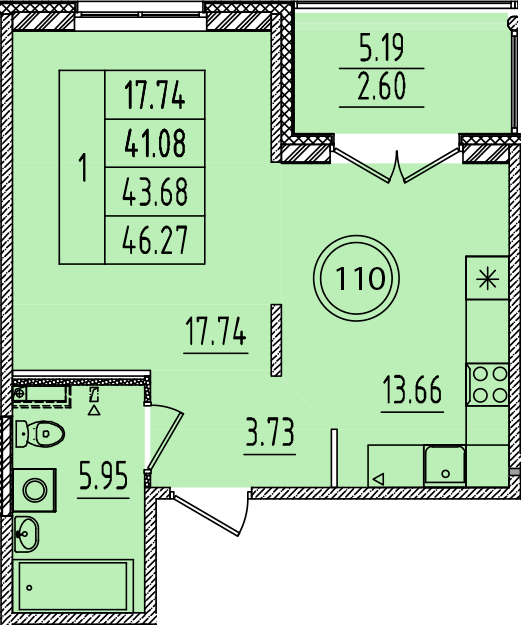 1 комн. квартира, 41.1 м², 1 этаж 