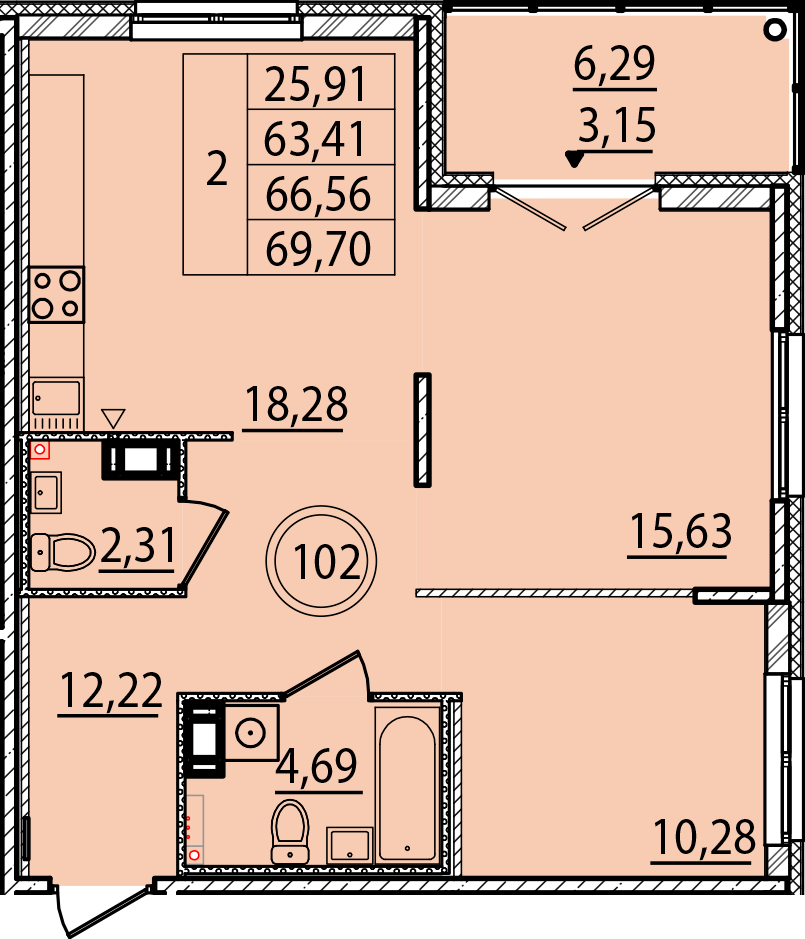 2 комн. квартира, 63.4 м², 2 этаж 
