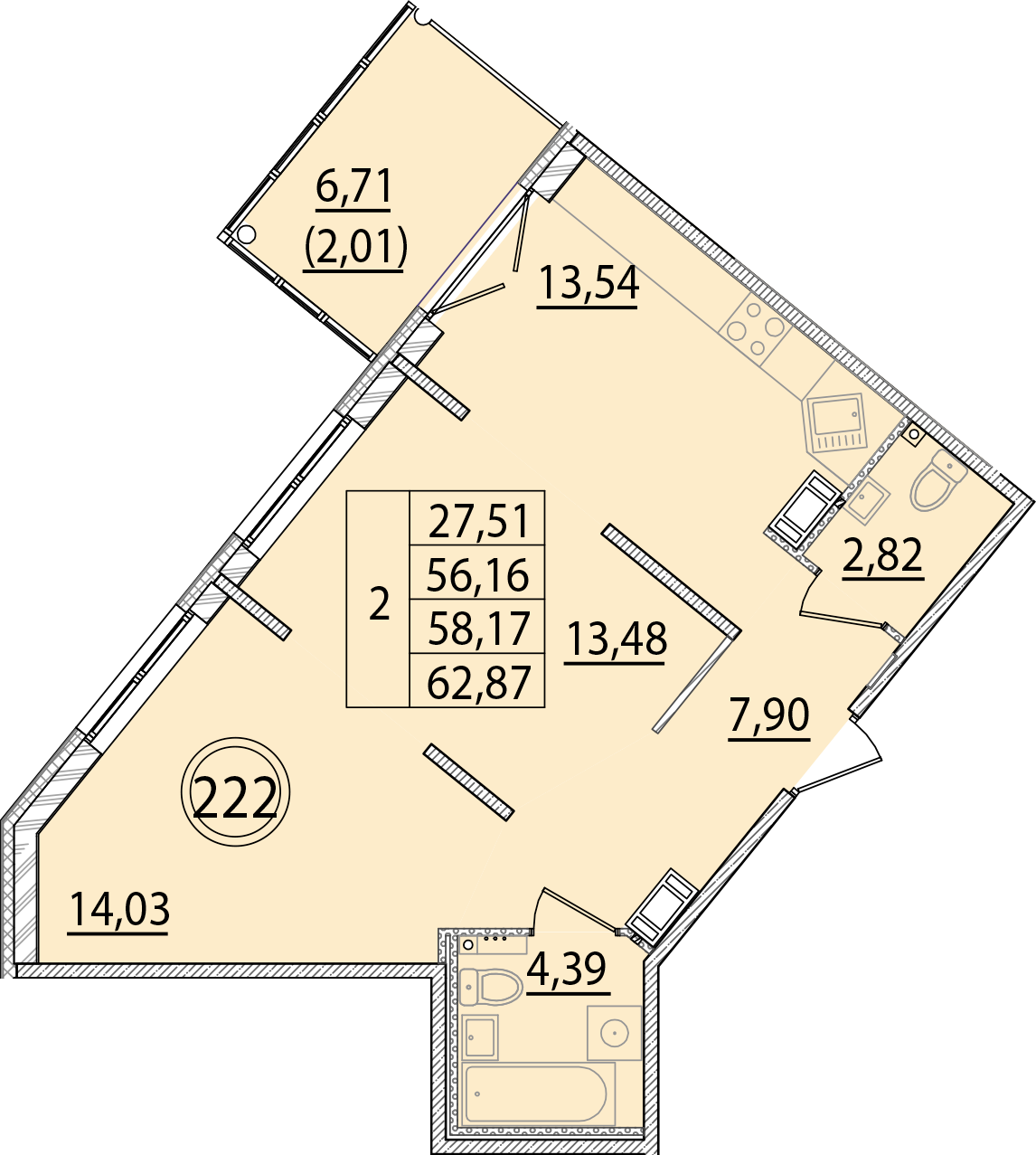 2 комн. квартира, 56.2 м², 3 этаж 