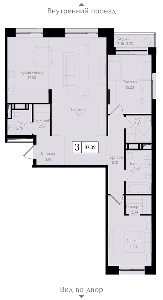 2 комн. квартира, 97.4 м², 14 этаж 