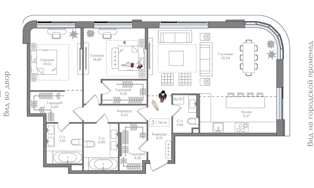 2 комн. квартира, 116.2 м², 4 этаж 