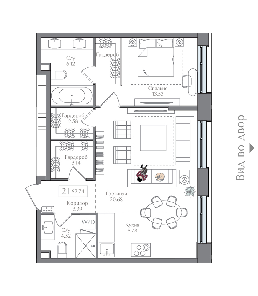 1 комн. квартира, 62.7 м², 12 этаж 