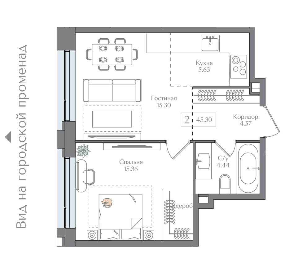 1 комн. квартира, 45.3 м², 5 этаж 