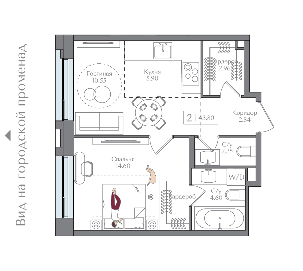 1 комн. квартира, 43.8 м², 9 этаж 
