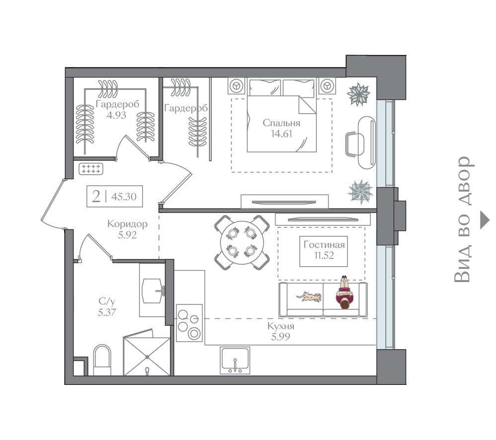 1 комн. квартира, 45.4 м², 13 этаж 