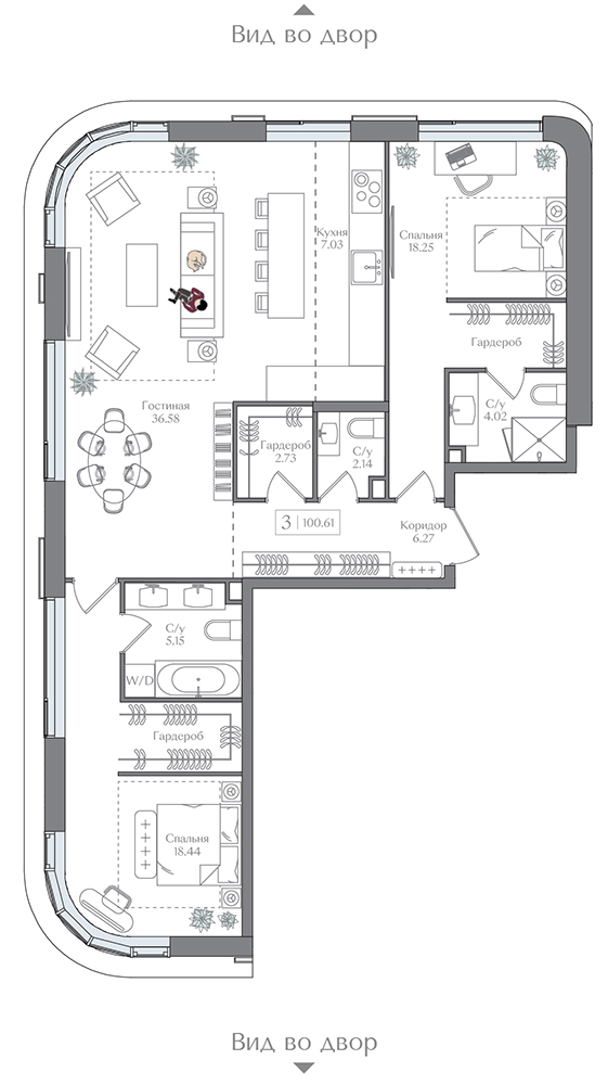 2 комн. квартира, 100.6 м², 4 этаж 