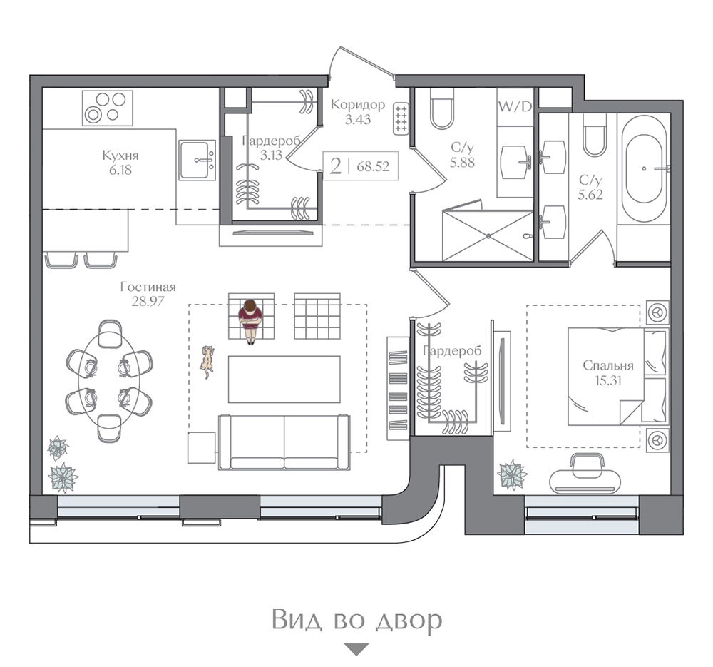 квартира со свободной планировкой, 68.5 м², 10 этаж 