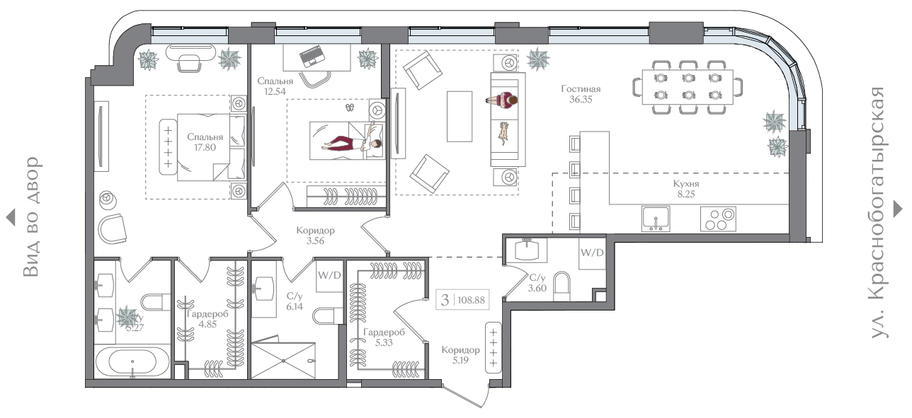 2 комн. квартира, 108.9 м², 6 этаж 