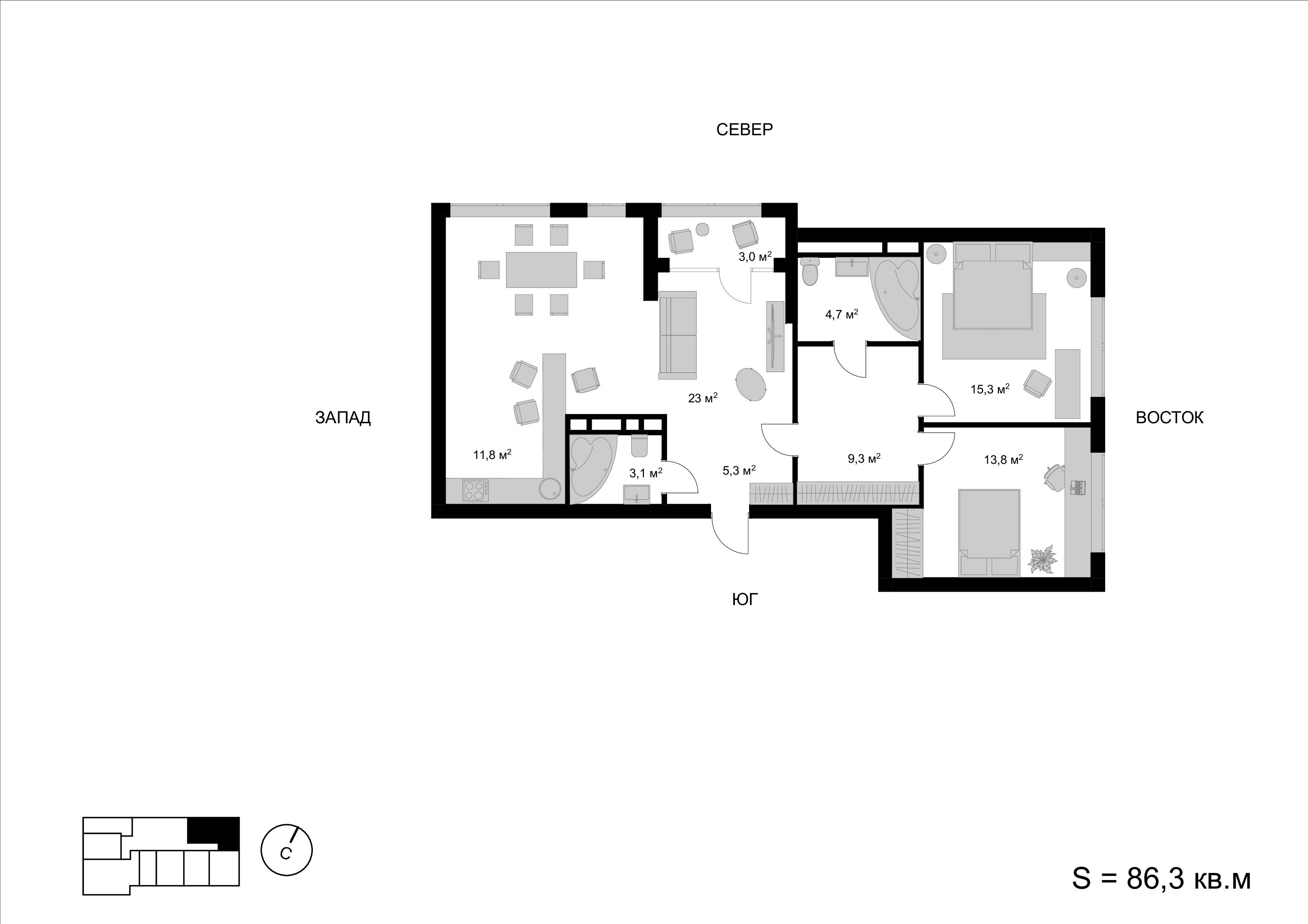 3 комн. квартира, 86.3 м², 14 этаж 