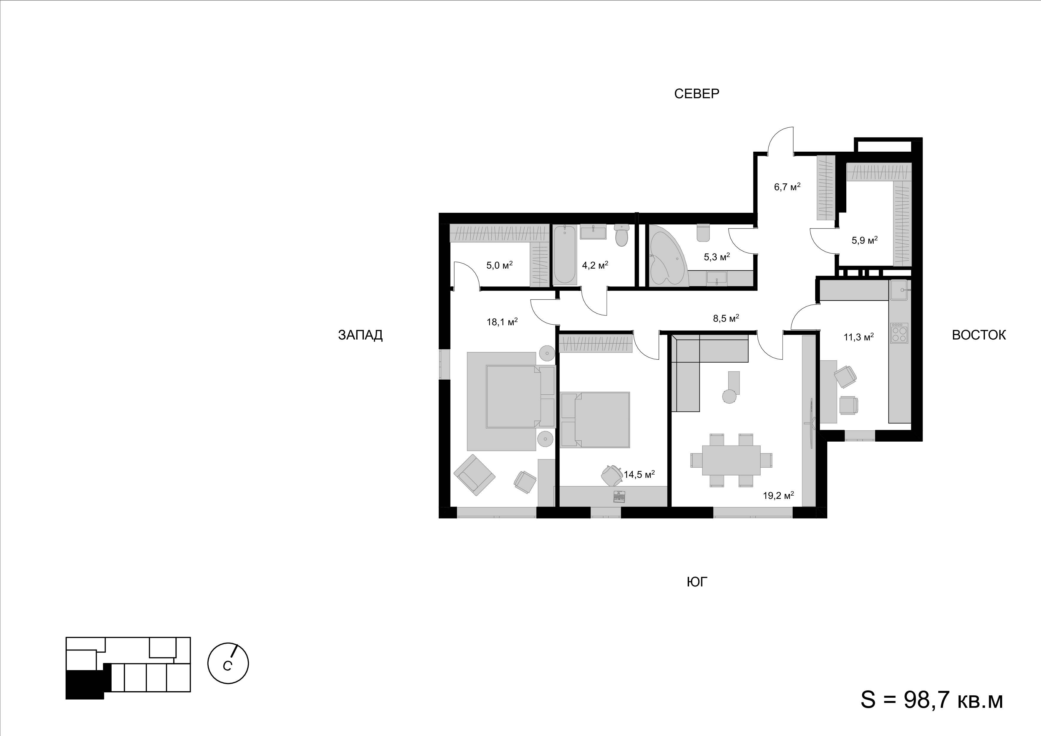 3 комн. квартира, 98.7 м², 14 этаж 