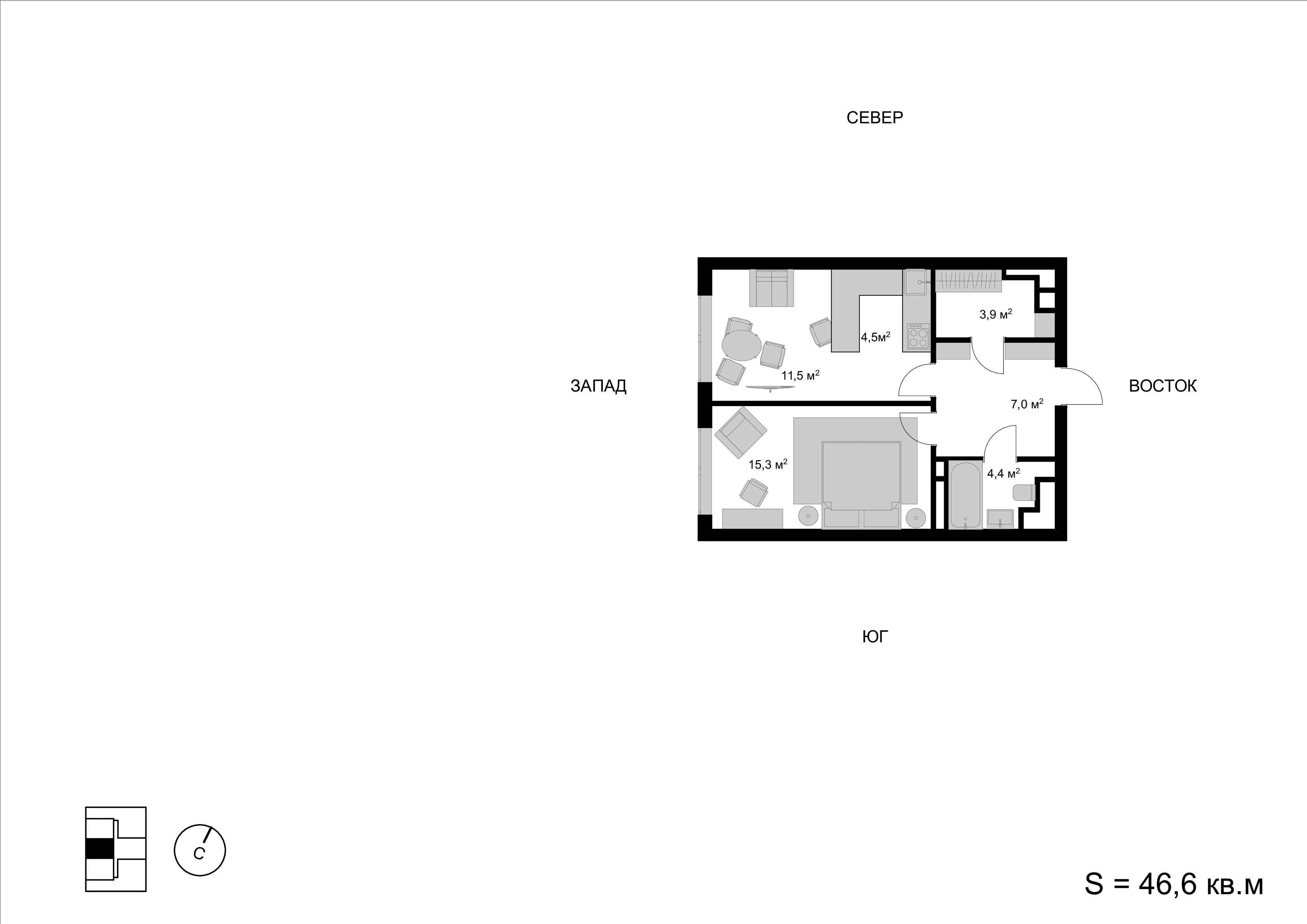 2 комн. квартира, 46.6 м², 11 этаж 