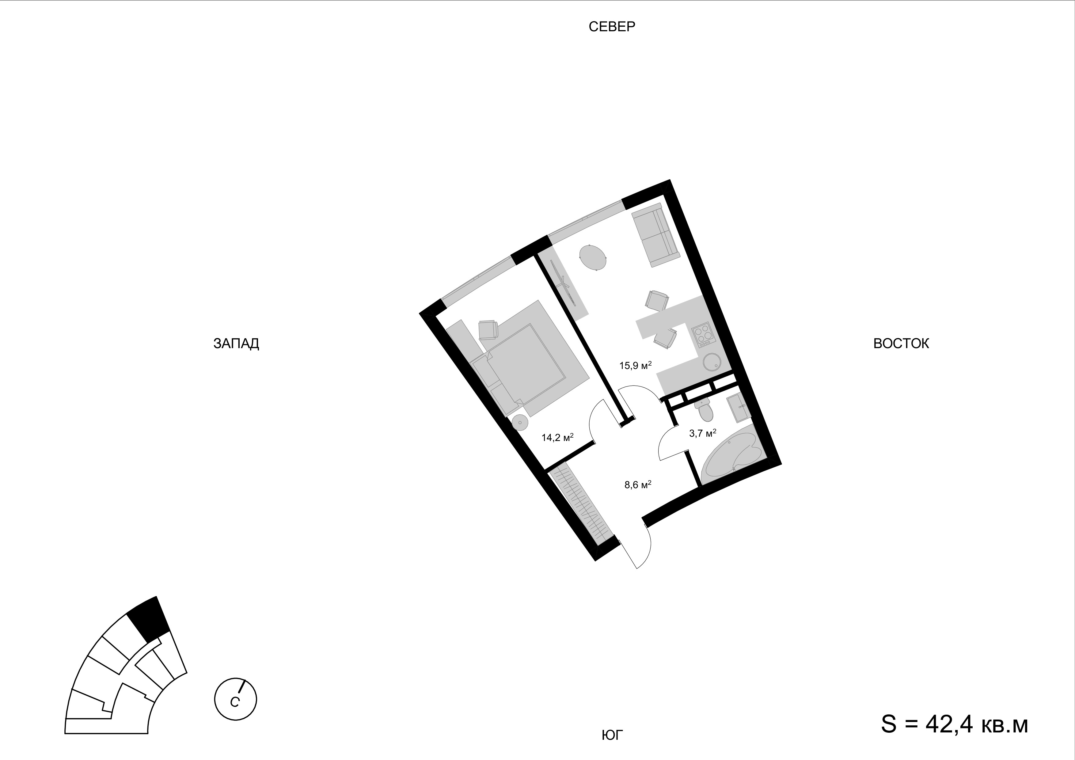 1 комн. квартира, 42.4 м², 9 этаж 