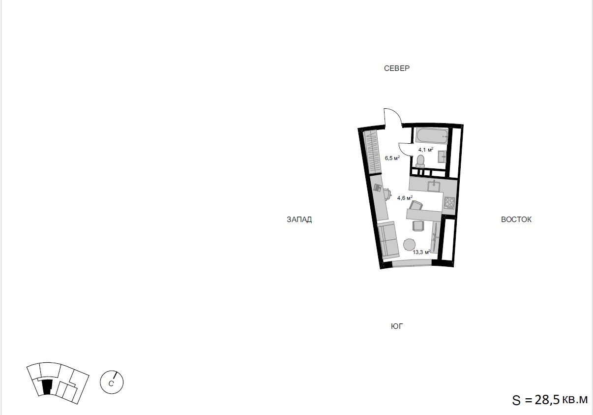 1 комн. квартира, 28.5 м², 9 этаж 