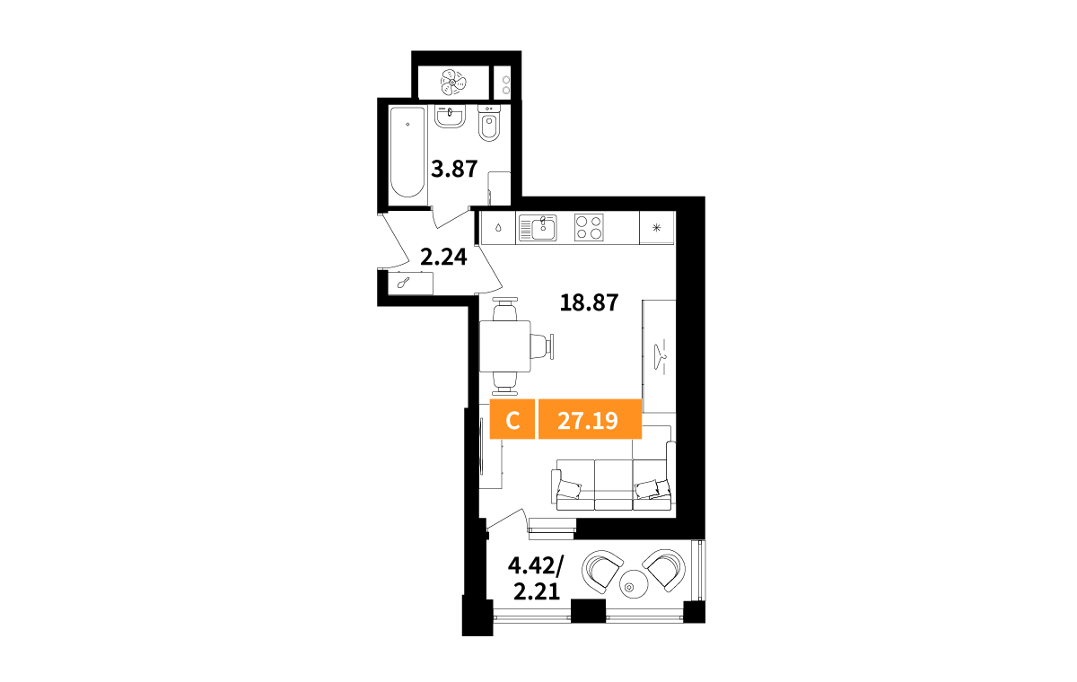 студия, 27.2 м², 16 этаж 