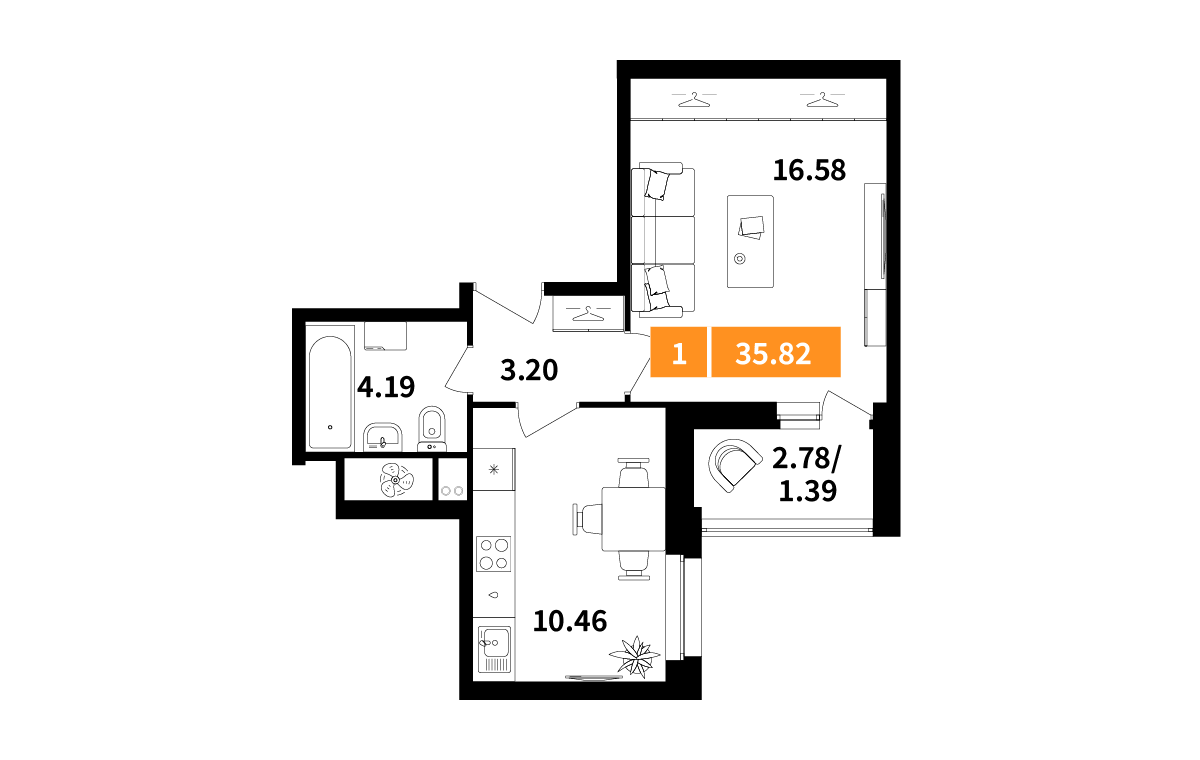 1 комн. квартира, 35.8 м², 17 этаж 