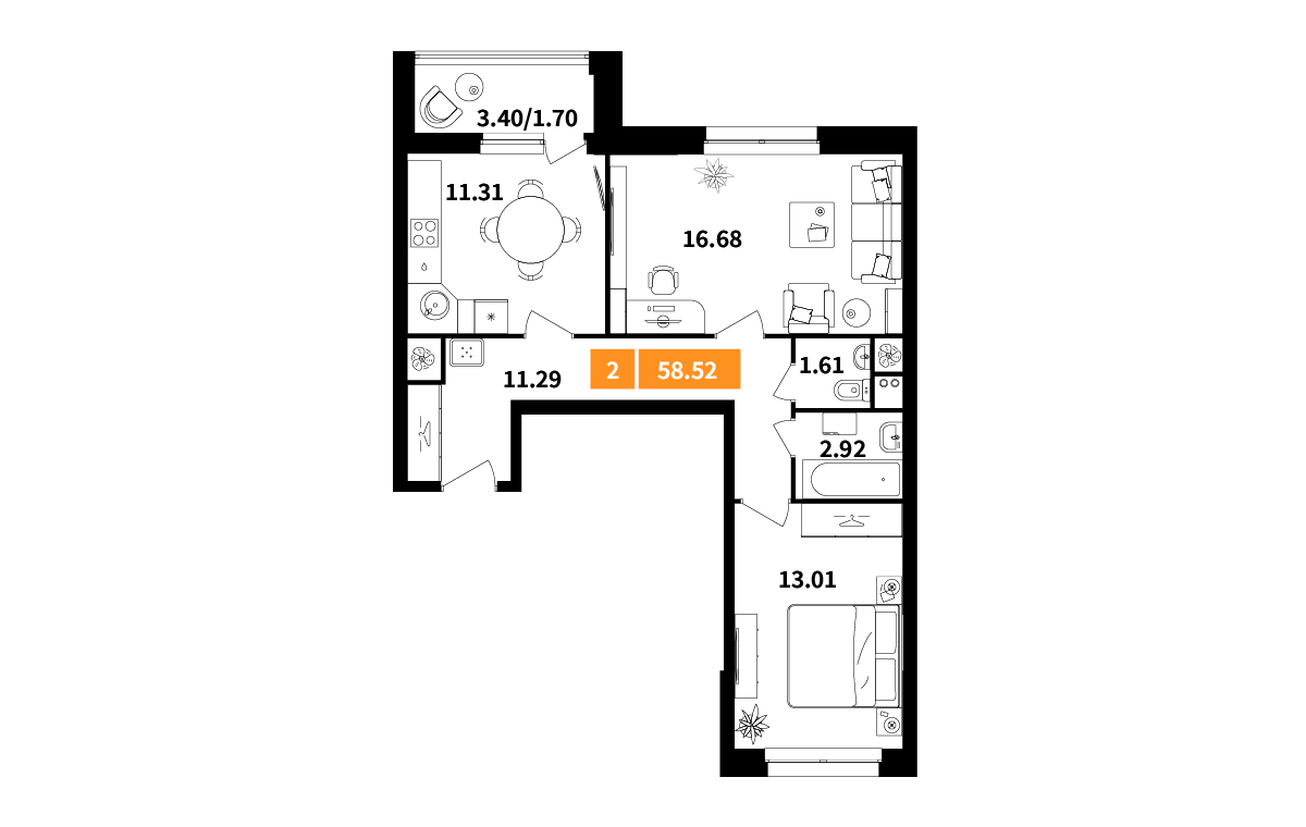 2 комн. квартира, 58.6 м², 11 этаж 