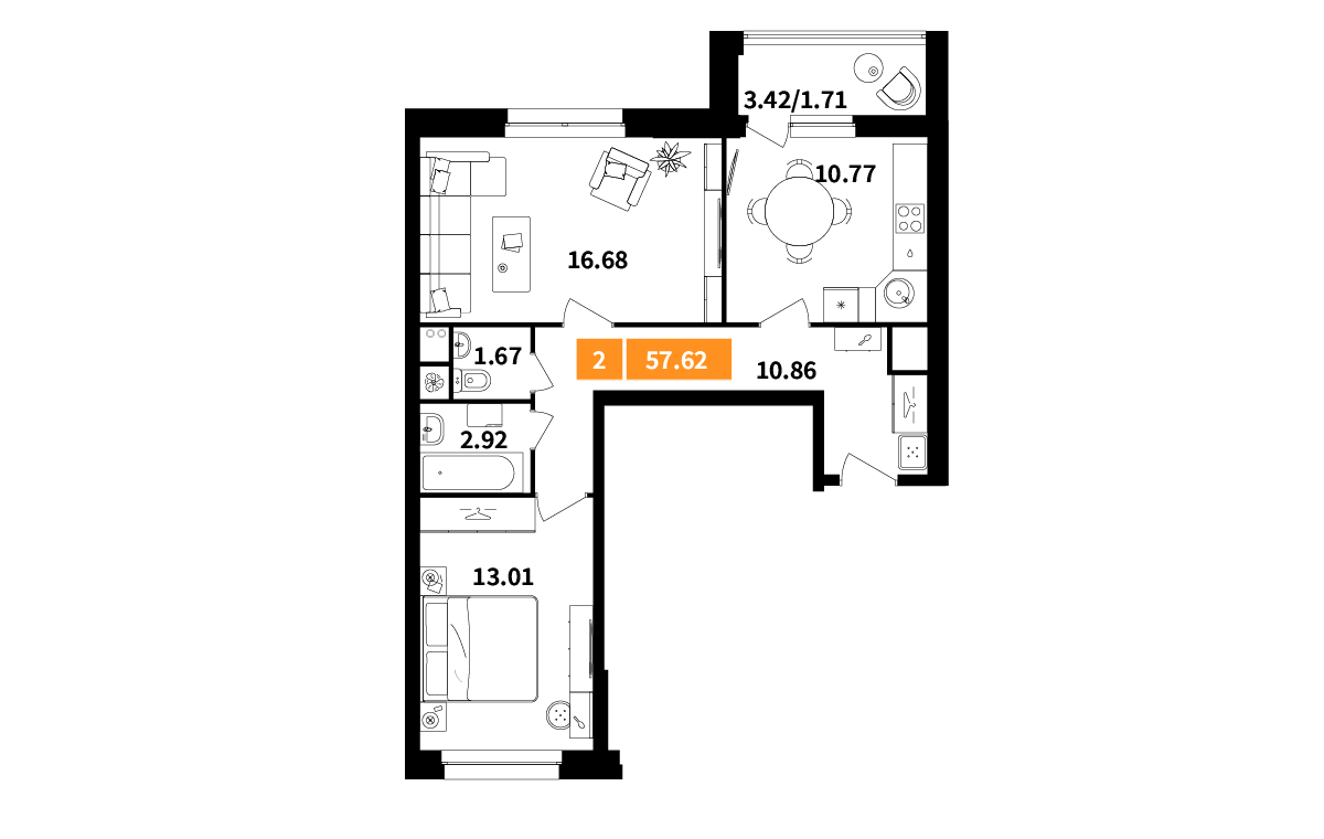 2 комн. квартира, 57.6 м², 2 этаж 