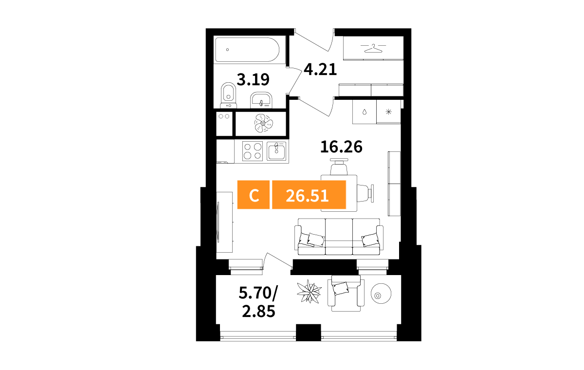 студия, 26.5 м², 3 этаж 