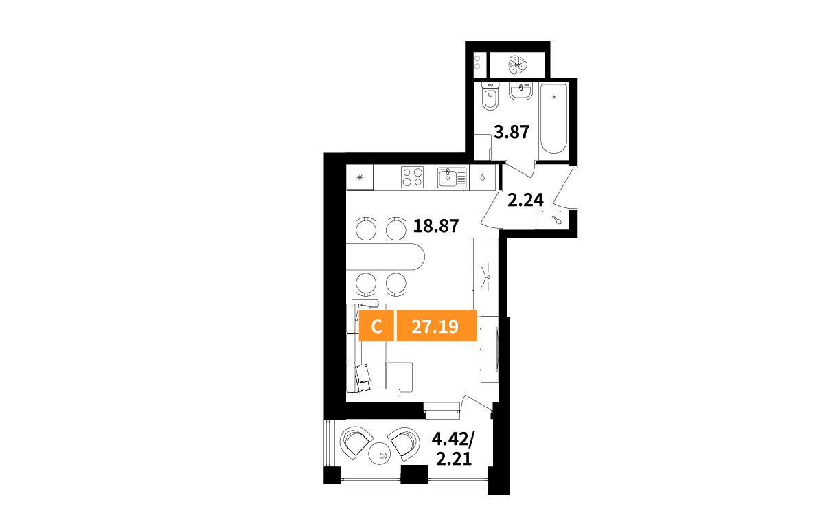 студия, 27.2 м², 3 этаж 