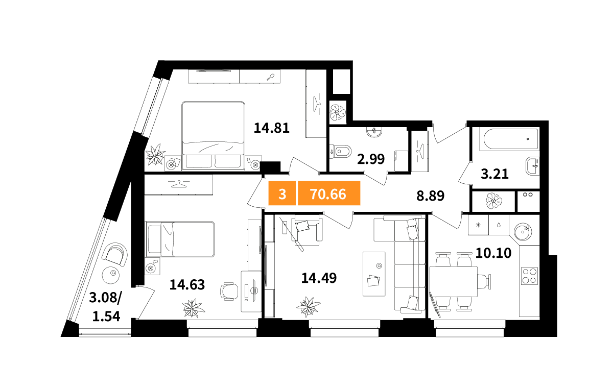 3 комн. квартира, 70.7 м², 7 этаж 