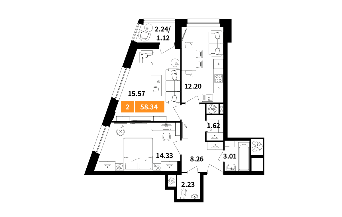 2 комн. квартира, 58.3 м², 17 этаж 