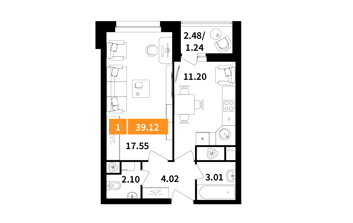 1 комн. квартира, 39.1 м², 1 этаж 