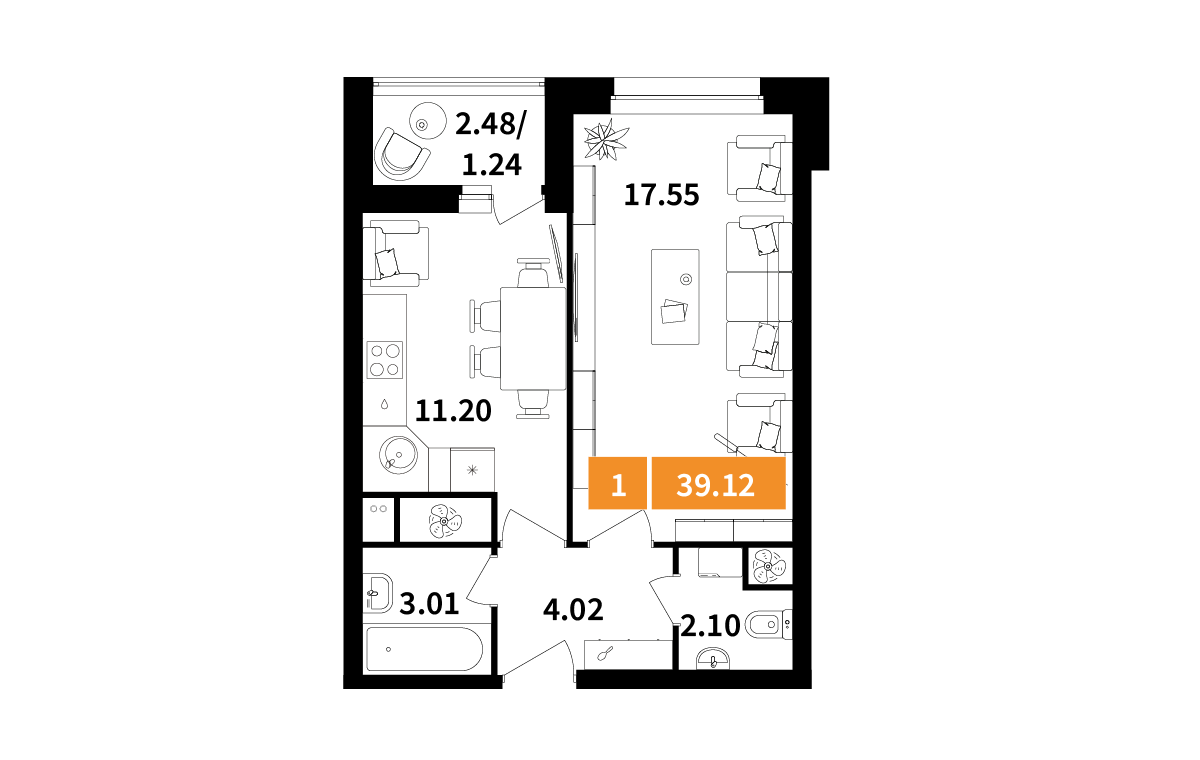 1 комн. квартира, 39.1 м², 5 этаж 