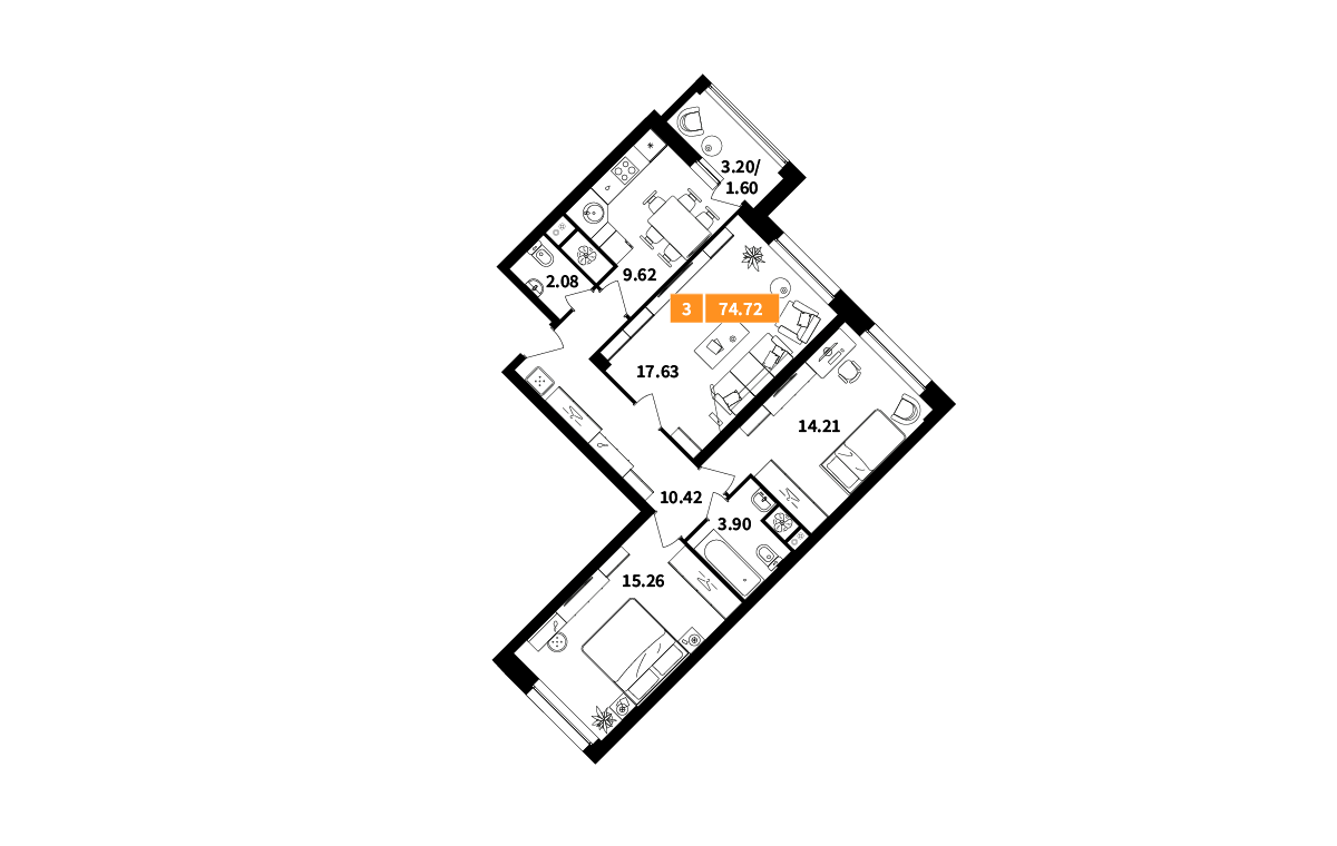 3 комн. квартира, 74.7 м², 15 этаж 
