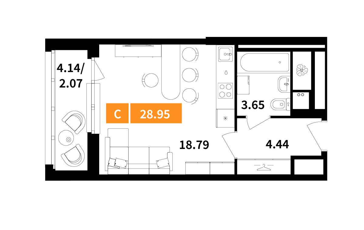 студия, 28.9 м², 4 этаж 