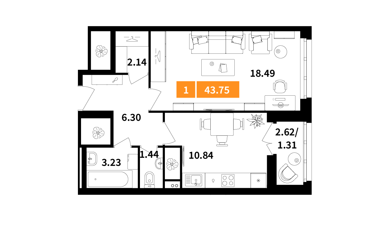 1 комн. квартира, 43.8 м², 9 этаж 