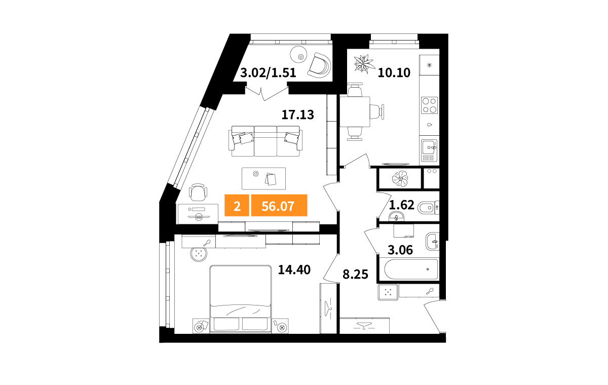 2 комн. квартира, 56.1 м², 2 этаж 