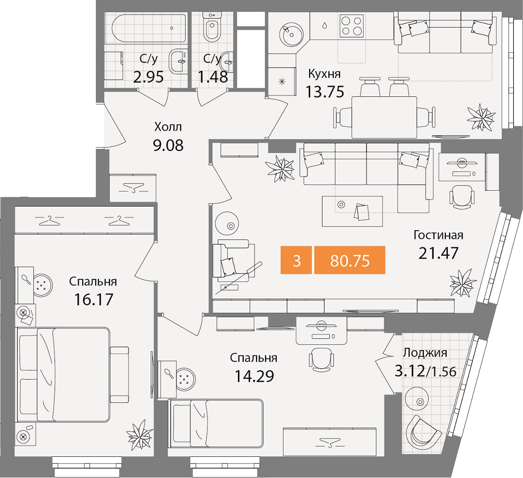 3 комн. квартира, 80.7 м², 7 этаж 