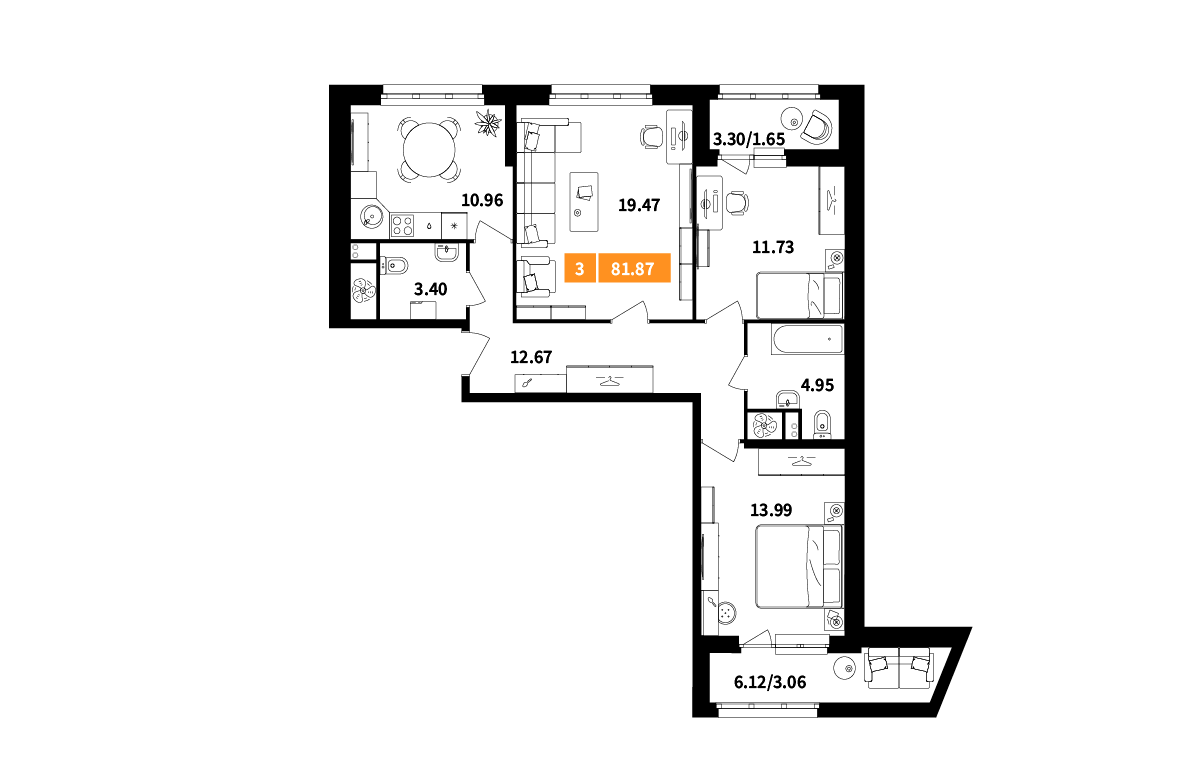 3 комн. квартира, 81.9 м², 3 этаж 