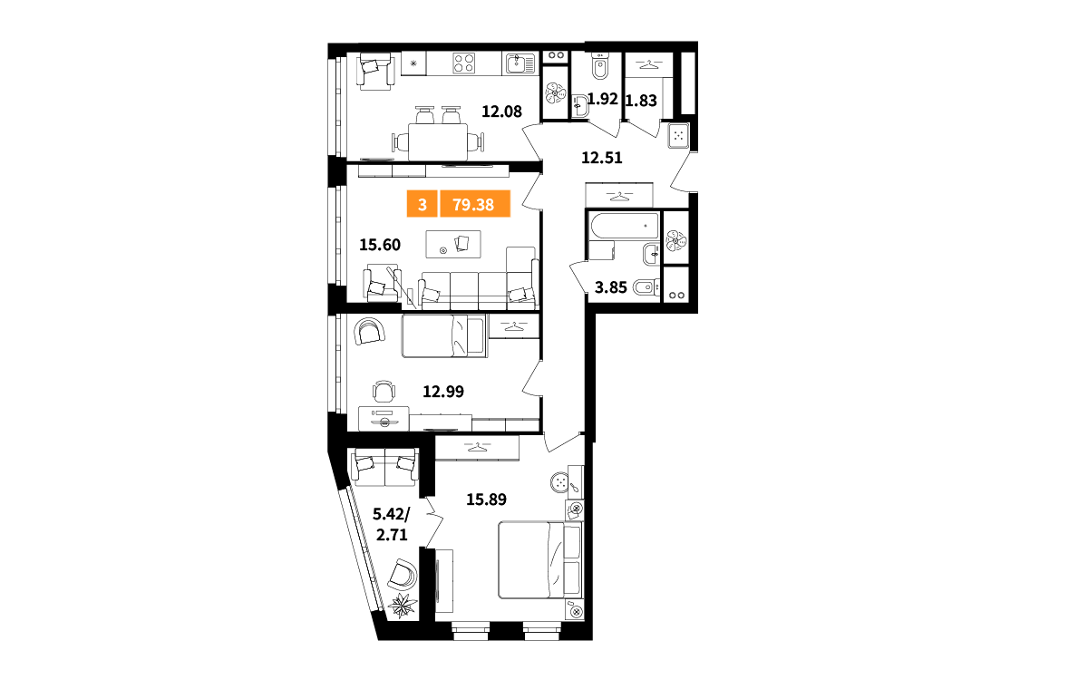 3 комн. квартира, 79.4 м², 2 этаж 