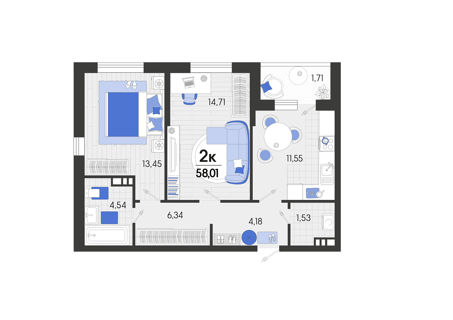 2 комн. квартира, 58 м², 2 этаж 
