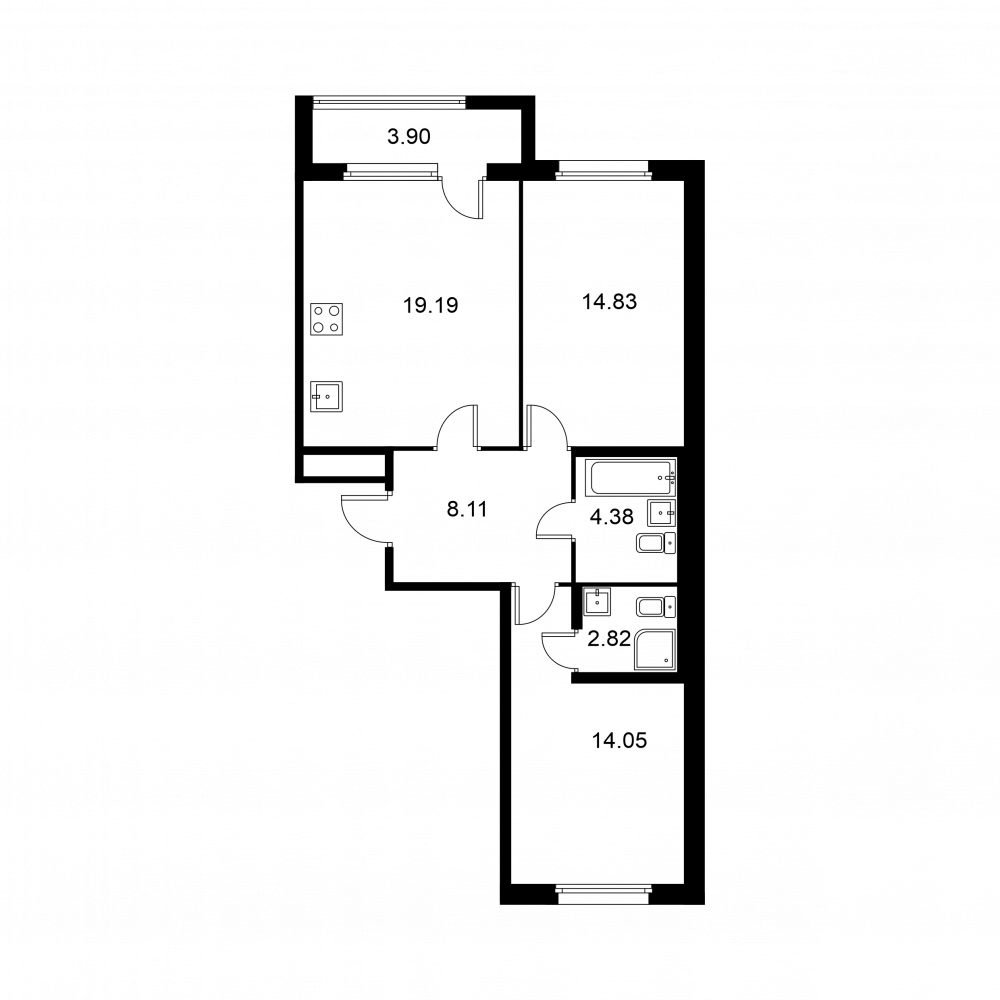 2 комн. квартира, 65.3 м², 2 этаж 
