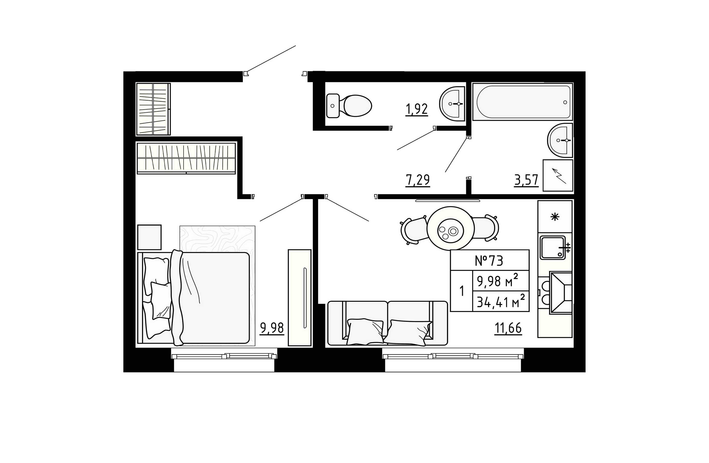 1 комн. квартира, 34.4 м², 1 этаж 