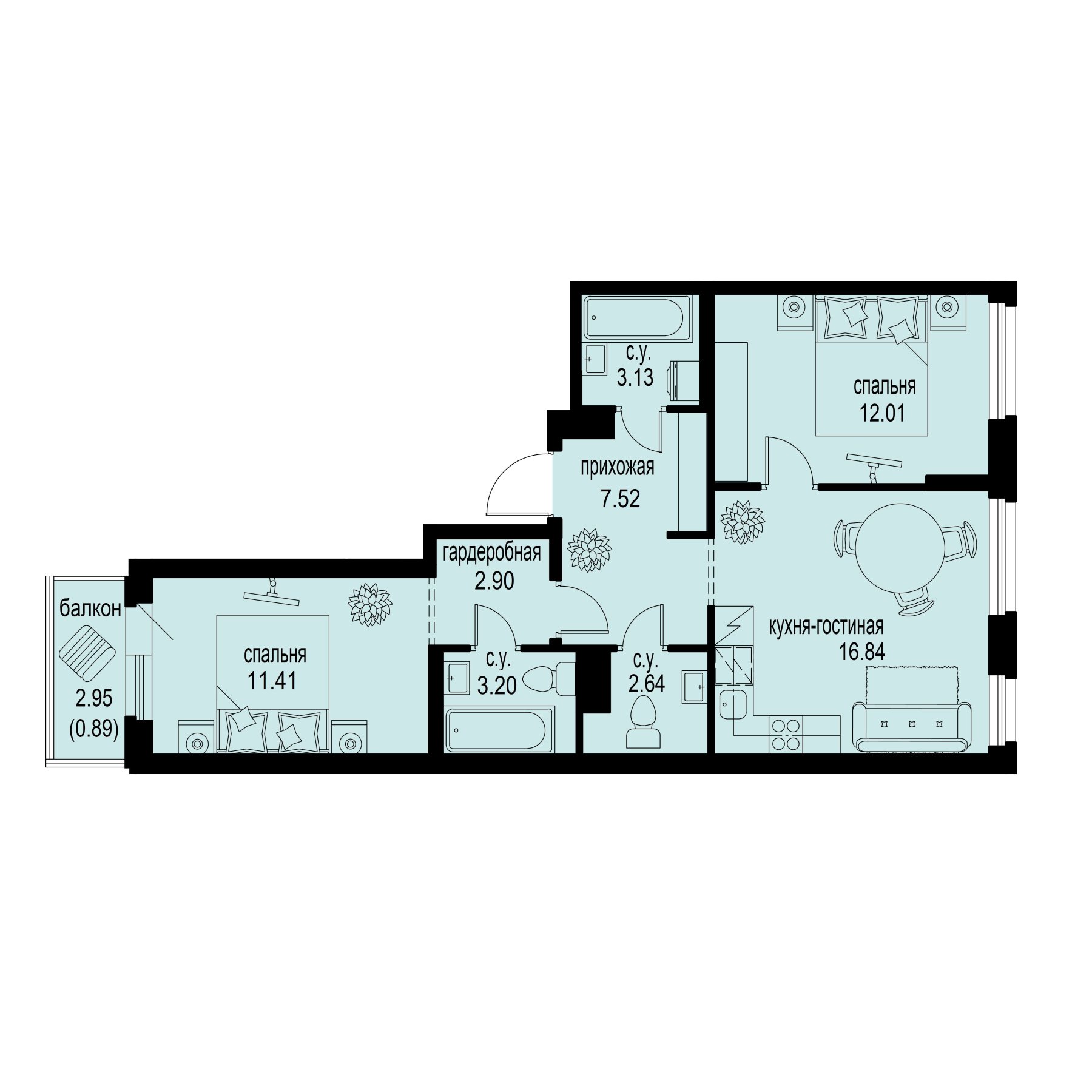 2 комн. квартира, 60.5 м², 3 этаж 