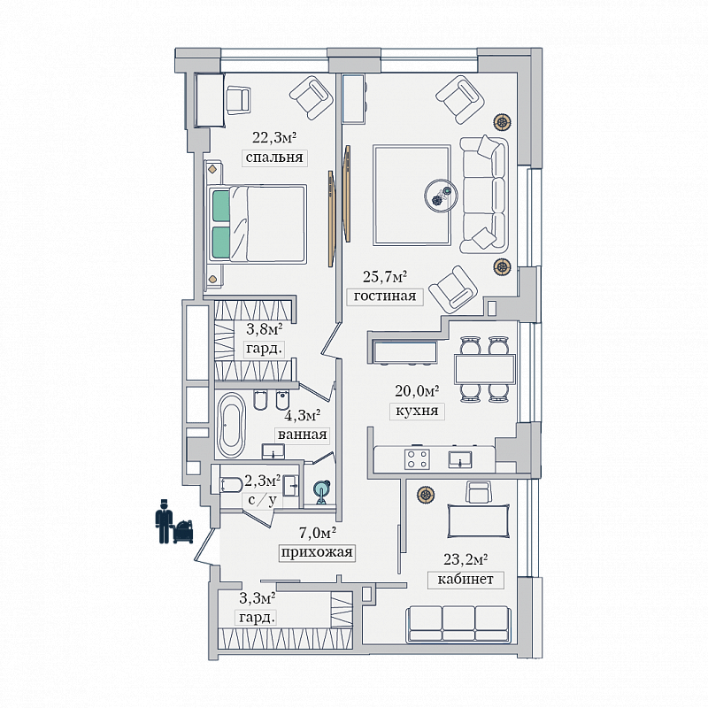 2 комн. квартира, 113.5 м², 11 этаж 