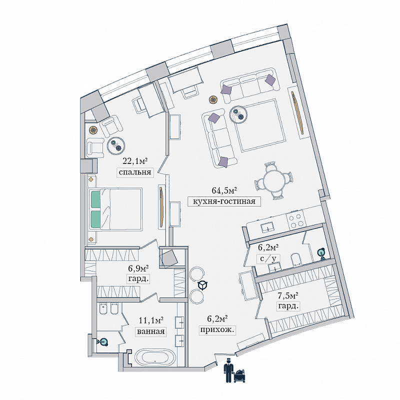 2 комн. квартира, 135 м², 10 этаж 