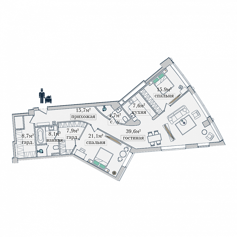 2 комн. квартира, 133 м², 8 этаж 