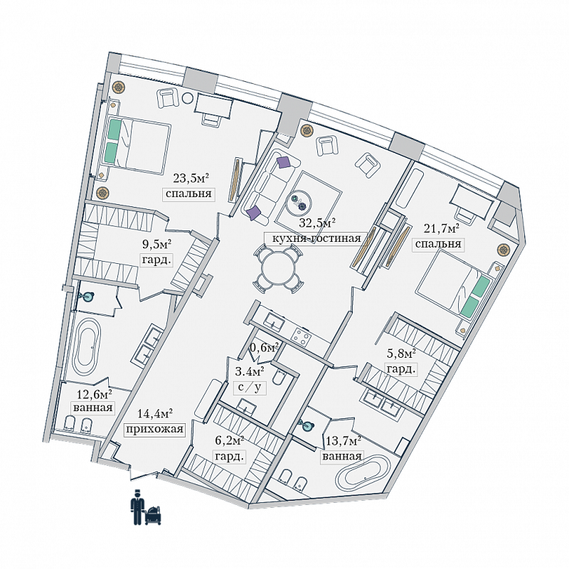 2 комн. квартира, 148.3 м², 11 этаж 