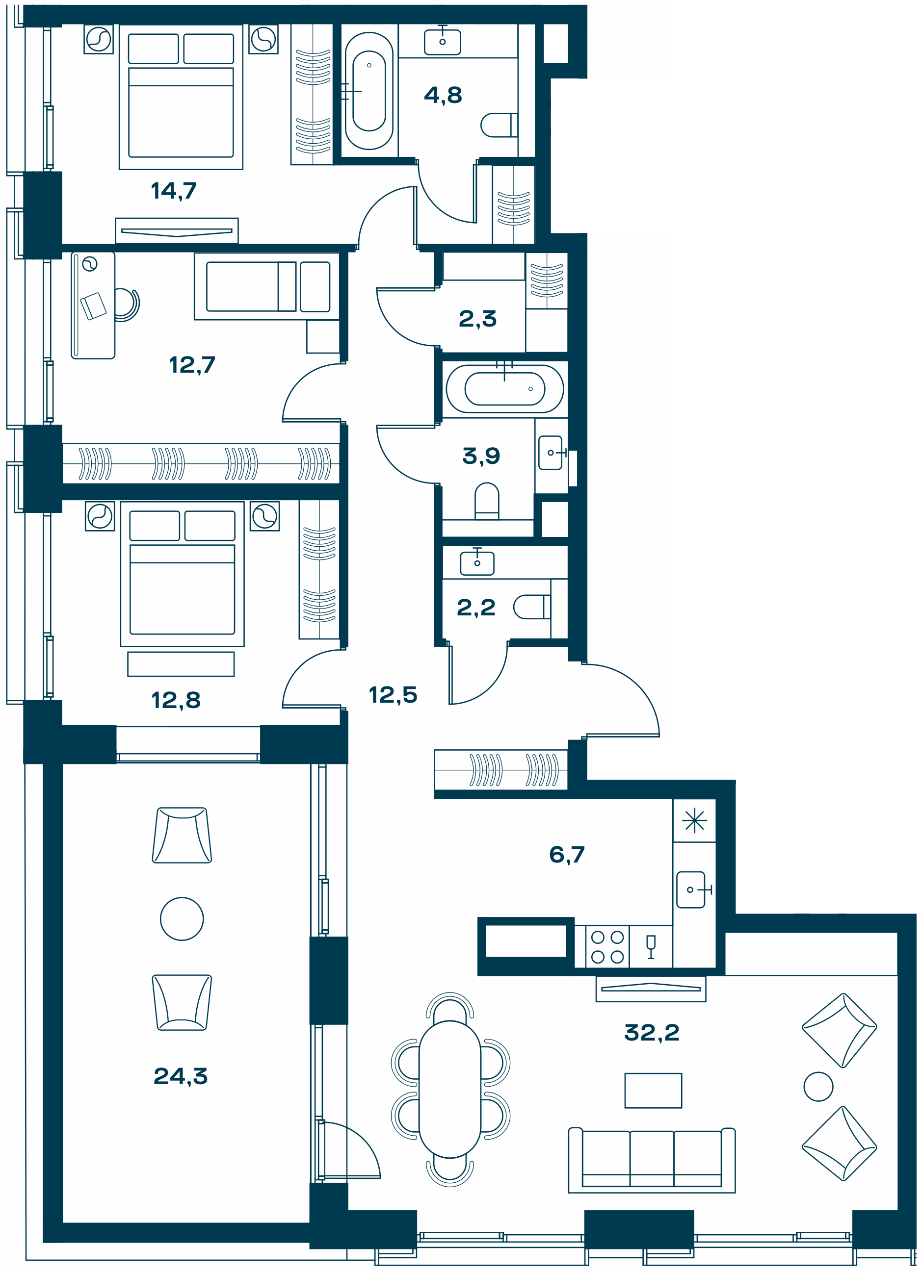 3 комн. квартира, 114.8 м², 20 этаж 