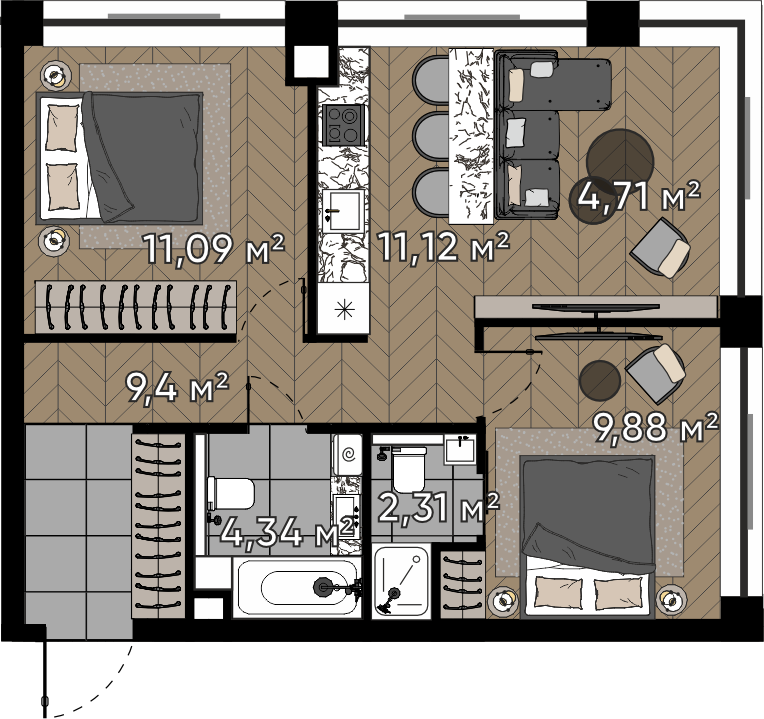 2 комн. квартира, 52.9 м², 6 этаж 