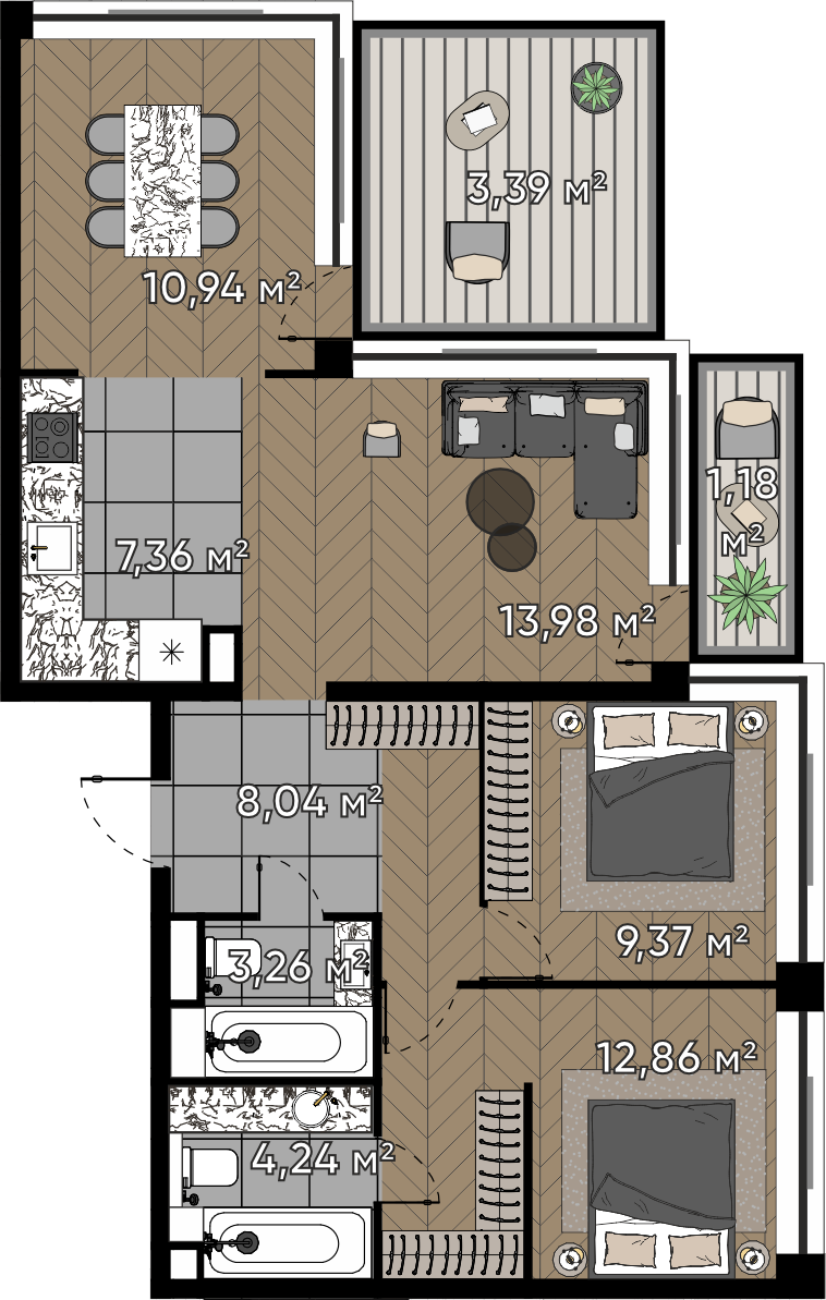 3 комн. квартира, 74.6 м², 15 этаж 