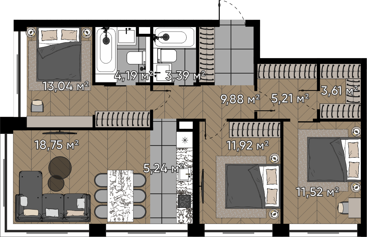 3 комн. квартира, 86.8 м², 13 этаж 